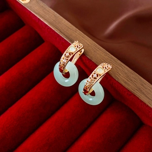 Vintage Round Faux Jade Pingan Buckle Earrings Copper Real Gold Plated With Zircon And Steel Earring Post For Women