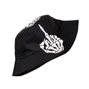 Detailed stitching and white skull hand print on black cotton canvas bucket hat