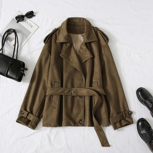 Veste En Daim Synthétique Pour Femmes Trench Coat Court Avec Ceinture Bouton Manches Longues Couleur Unie Revers Élégant