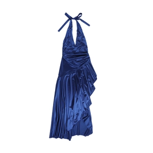 Detailed view of blue satin A-line dress featuring an irregular ruffled hemline