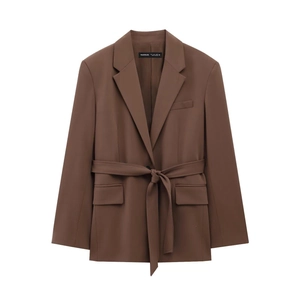 Brown long-sleeved blazer with belted waist and flap pockets in a classic silhouette