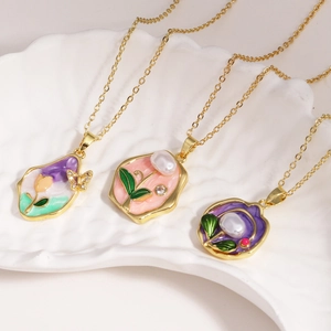 Elegant oil painting style flower necklaces with natural freshwater pearls and gold enamel