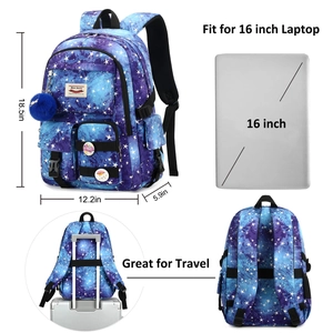 Detailed views of galaxy backpack showing dimensions and suitcase strap for 16-inch laptops
