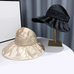 Fashionable rhinestone sun visor hats with wavy wide brim in black and champagne gold