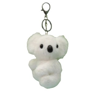 Cute white plush koala keychain with silver metal clip and embroidered facial features