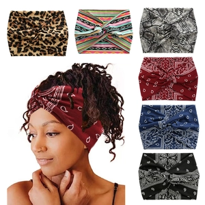 Bohemian 18cm wide twisted headbands in leopard, snake and floral prints for sports and fashion