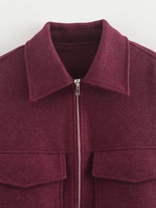 Women's dark red wool-like jacket featuring a classic collar and front zip closure