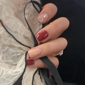 Faux Ongles À Presser Rouge Vin Pailleté Brillant Carré Court Ongles Artificiels Manucure Réutilisable Pour Femmes