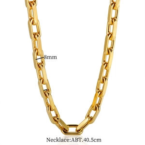 Detail view of 8mm gold cuban link necklace showing 40.5cm length dimensions on white
