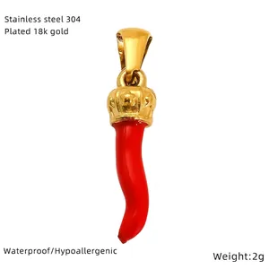 Detail of red cornicello pendant in 304 stainless steel with 18K gold crown bail