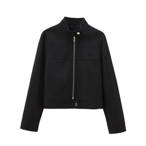 Women Stand Collar Bomber Jacket Solid Black Short Slim Fit Twill Coat With Metal Zipper Long Sleeve Urban Style