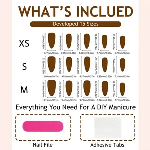 Size chart for Valentine 3D heart press-on nails with XS S M measurements and accessories