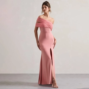 Detailed view of pink off-shoulder dress featuring pleated chiffon ruffles and side slit