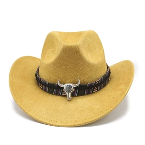Detail of faux suede cowboy hat with colorful woven band and silver bull head ornament
