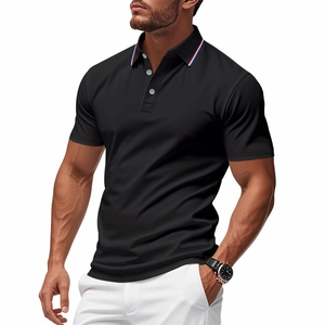 Detail of men's black polo shirt featuring red, white and blue striped ribbed collar