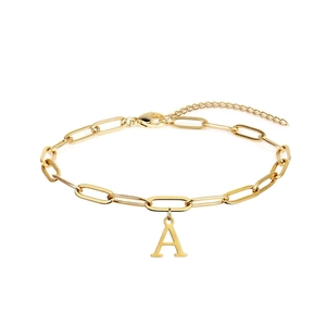 Elegant gold paperclip chain bracelet with letter A pendant and lobster clasp for women