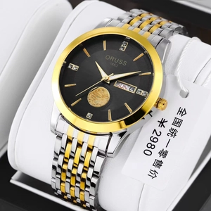 Details der ORUSS Herrenuhr mit goldfarbenem Zifferblatt, Doppeltagesanzeige und Stahlband