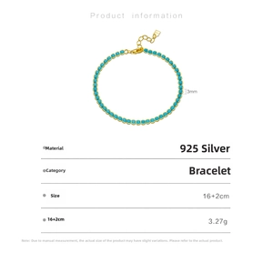 Detail view of gold-plated S925 silver turquoise bead bracelet with dimensions and weight