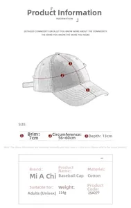 Detailed size chart for cotton baseball cap showing circumference and brim measurements
