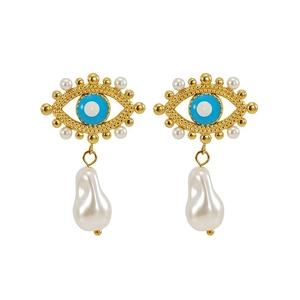 Golden evil eye earrings with blue enamel, white pearls and irregular pearl pendants