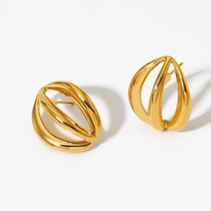 Three-layer hollow geometric oval gold earrings with a polished metallic finish