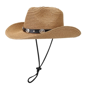 Light brown woven straw cowboy hat with black leather band and silver studs for sun protection