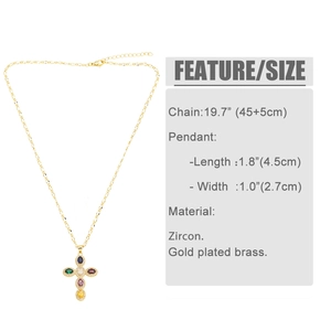 Detailed view of colorful zircon cross necklace with size specs in inches and centimeters
