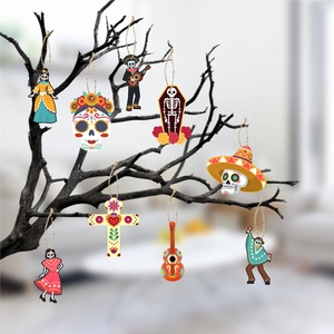 Day of the Dead outdoor tree decorations featuring sugar skulls and guitar wood pendants