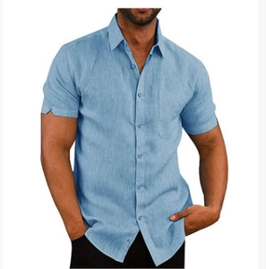 Men's short sleeve linen shirt in light blue with button-down collar and chest pocket