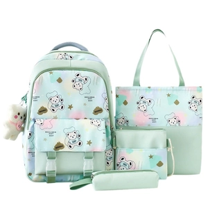 4-piece mint green student backpack set with tote, crossbody bag, pencil case and bear charm