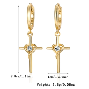 Detail of 925 sterling silver gold cross earrings with dimensions 2.8cm and weight 1.6g