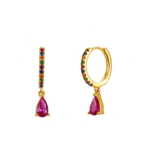 Macro detail of gold S925 silver earrings with colorful pavé stones and ruby pear pendant