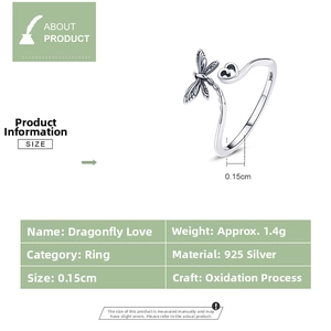 Detailed specs of S925 sterling silver dragonfly heart open ring with oxidation finish