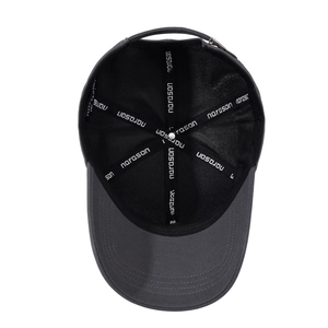 Interior view of dark grey baseball cap with reinforced seams and adjustable metal buckle