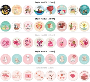 Detailed grid of 2.5cm Valentine heart stickers with Cupid and cute animal patterns
