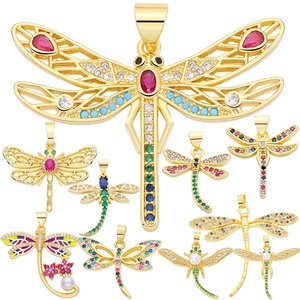 Colorful dragonfly pendants with cubic zirconia and pearls in gold plated copper setting