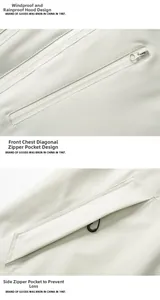 Detail of hooded jacket showing waterproof zippers and windproof fabric texture