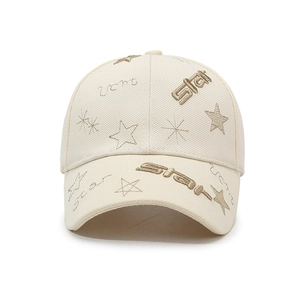 Off-white cotton baseball cap featuring star embroidery and Star lettering in a front view