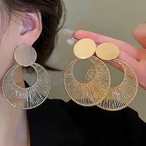 Geometric Round Hoop Earrings With 925 Sterling Silver Earring Post Iron Wire Wrap Hollow Design For Women