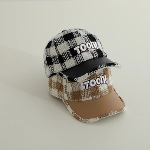 Kids plaid baseball caps with TOON embroidery and leather brims for boys aged 3-8