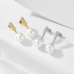 Elegant 925 silver pearl drop earrings with sparkling zircon inlay in gold and silver