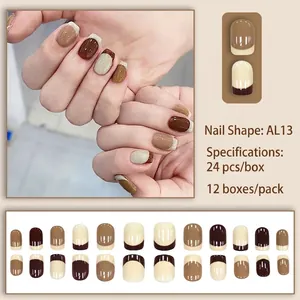 Detailed set of 24 Earth-tone press-on nails with French tip design and glossy finish