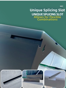 Detail of unique splicing slot design on modular plastic storage drawer with mounting holes
