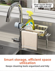 Detail showing stainless steel faucet rack with hollow frame and towel bar for sponge storage