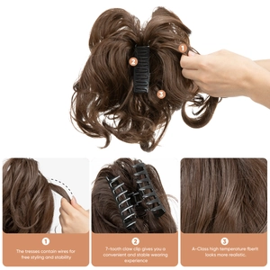 Detail of curly brown ponytail hairpiece with a secure claw clip and styling wire