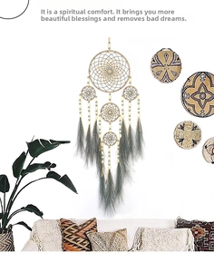 Detail of five-ring bohemian dreamcatcher wall hanging with grey feathers and beads