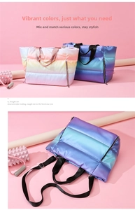 Detail of quilted fitness bag with gradient colors, dual handles, and large capacity