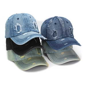 Distressed denim baseball caps with washed holes in multiple vintage colors for men and women