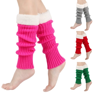 Fleece-lined knit leg warmers with faux fur trim in pink, gray, red, and green colors