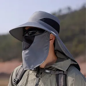 Men's wide brim outdoor sun hat with face cover and neck flap in dark grey
